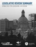 Cover of Legislative Review Summary featuring a black and white photo of the Alberta Legislature grounds in Edmonton.