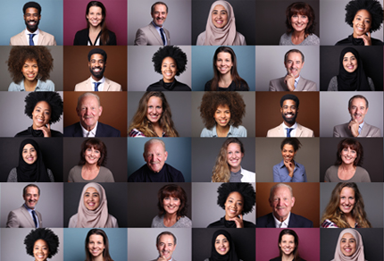 A collage of headshots of diverse people against dark neutral backdrops.