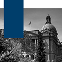 a black & white photo of the Alberta Legislature building