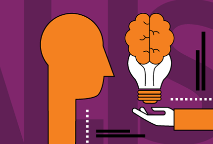 Illustration of an orange human head silhouette facing a hand holding a brain-shaped light bulb on a purple background with the initials ALIS.