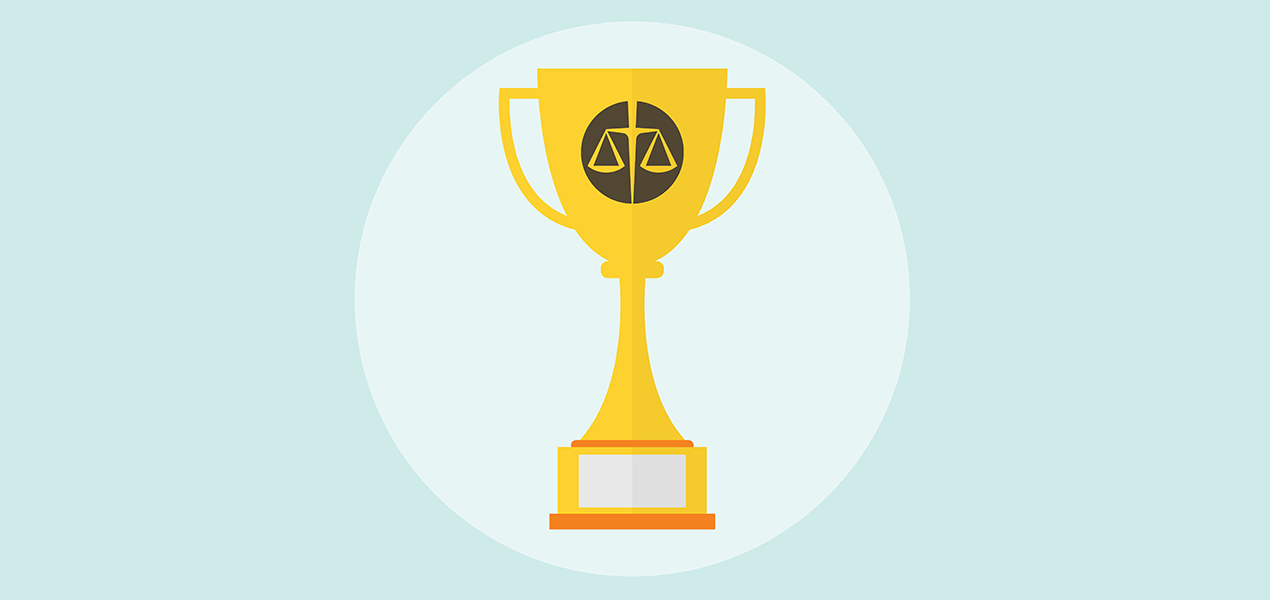 Illustration of a gold trophy with the CBA scales of justice icon on a light blue background.