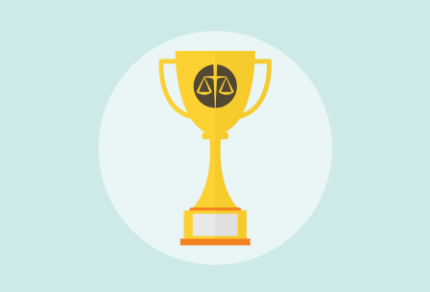 Illustration of a gold trophy with the CBA scales of justice icon on a light blue background.