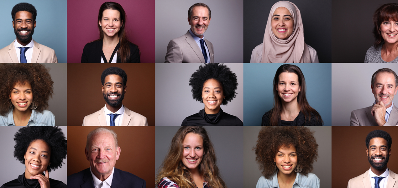 A collage of headshots of diverse people against dark neutral backdrops.