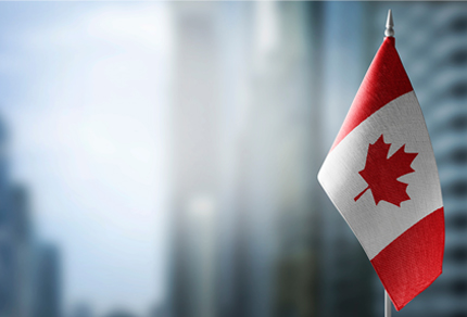 A small flag of Canada against a blurred background of tall buildings.