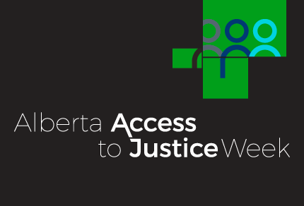 Logo for Alberta Access to Justice Week featuring stylized figures in green and blue squares, with event name in white text on a black background.