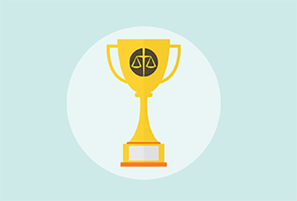 Illustration of a gold trophy with the CBA scales of justice icon on a light blue background.