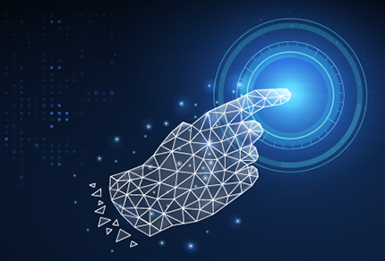 A wireframe hand reaches towards a glowing digital interface on a dark blue background, surrounded by circular and scattered dot patterns.