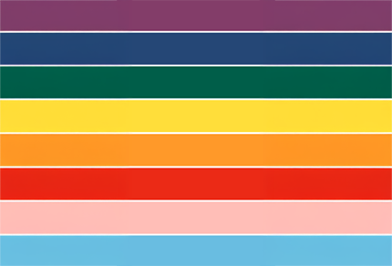 A striped pattern featuring eight horizontal bands of varying colors: purple, blue, green, yellow, orange, red, pink, and light blue, representing gender diversity.