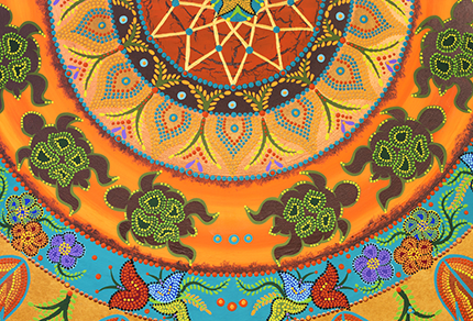 Artwork featuring a vibrant circular pattern with turtles, flowers, and leaves in shades of orange, blue, and green against a golden background.