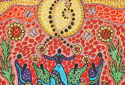 "Setting Sun Prayer" by artist Leah Marie Dorion. Colourful artwork depicting women in offering flowers under a vibrant sunset, surrounded by butterflies and sunflowers.