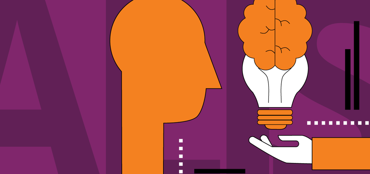 Illustration of an orange human head silhouette facing a hand holding a brain-shaped light bulb on a purple background with the initials ALIS.