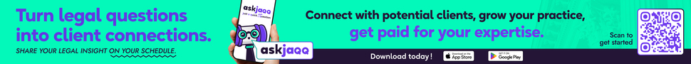 Banner promoting AskJidgoo: "Turn legal questions into client connections" with QR code and call to connect with clients and get paid for legal expertise.