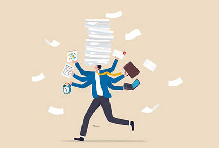 An illustration of a man in a suit, balancing a stack of papers on his head, showcasing a need for balance. 