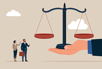 Illustration of a large hand holding a scale of justice, with two lawyers standing next to it against a neutral background with clouds.