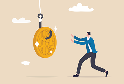 Illustration of a man reaching toward a large gold coin hanging from a hook, with clouds in the background.